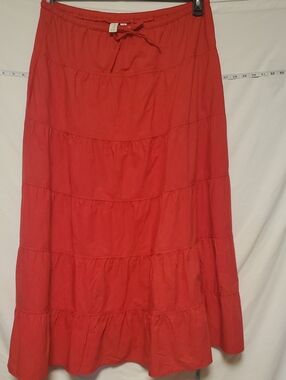 J Joie Red Cotton Blend Elastic Pullbon Tiered Skirt Lg Brunch Romantic Prairie